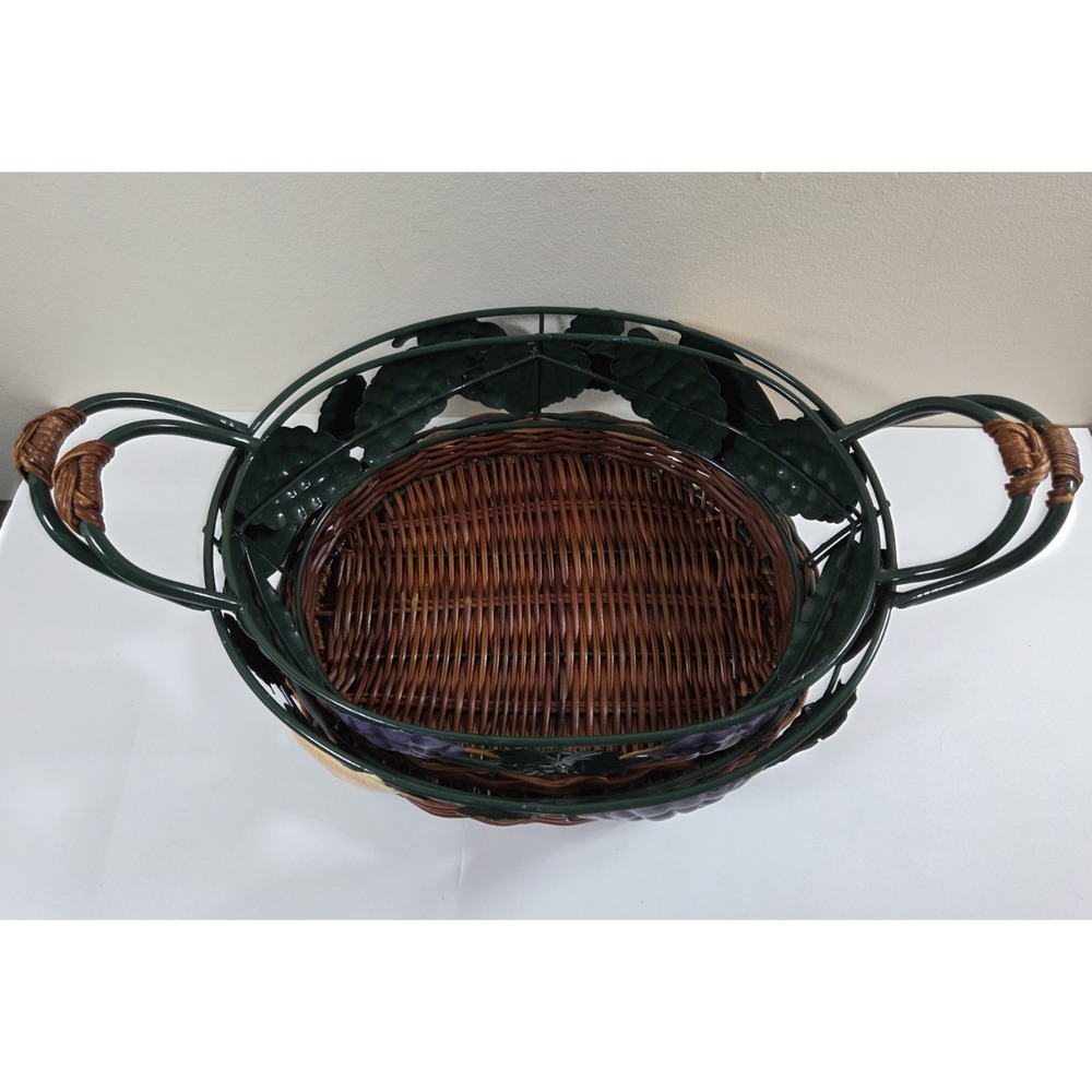 Vtg Pair Metal & Wicker Nesting Baskets W/Fruit Detail & Handles Oval Shape - Picture 6 of 8
